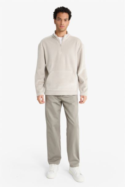 Regular Fit Stand Collar Half Zippered Velvet Sweatshirt