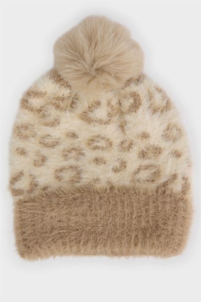 Bonnet en tricot à motif léopard avec pompon pour fille
