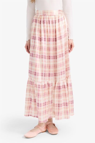 Desenli Beli Lastikli Saten Maxi Etek