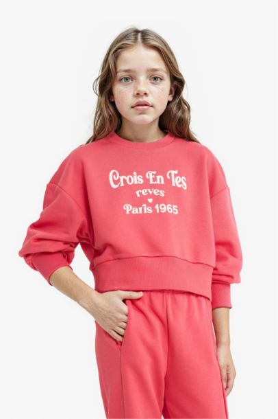 2'li Takım Baskılı Sweatshirt Eşofman Altı Kız Çocuk