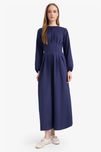 فستان طويل ردن طويل قصة عادية بياخة مستديرة