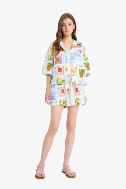 Oversize Fit Fruit Patterned Short Sleeve Shirt