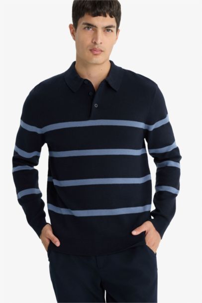 Standard Fit Polo Neck Striped Knit Pullover