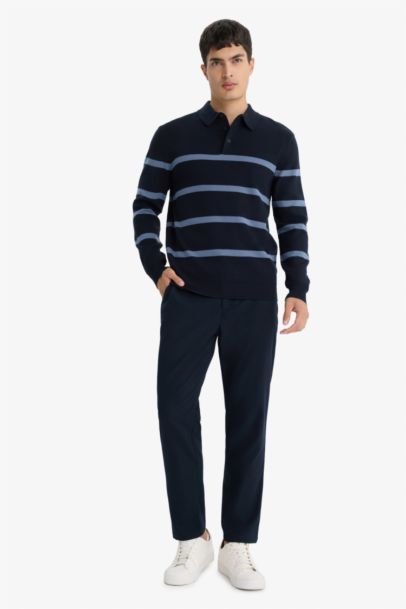 Standard Fit Polo Neck Striped Knit Pullover