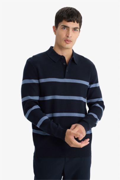 Standard Fit Polo Neck Striped Knit Pullover