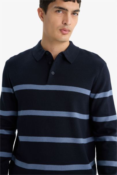 Standard Fit Polo Neck Striped Knit Pullover