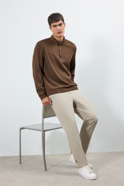 Regular Fit Long Sleeve Zippered High Neck Sweatshirt