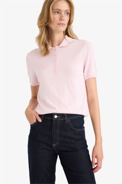 Pull tricot à col polo et manches courtes Coupe régulière