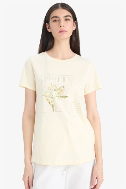 Regular Fit Crew Neck Photo Floral Cotton T-Shirt