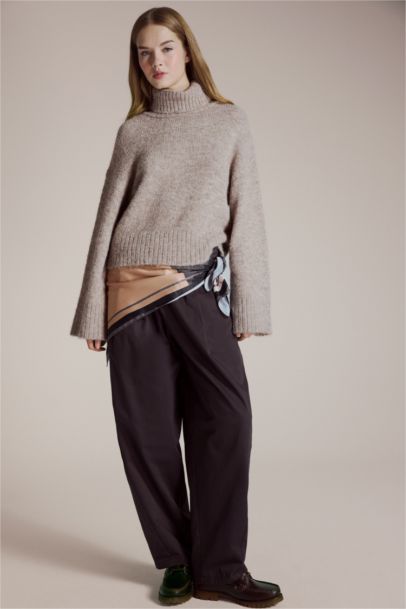 Wool Blend Turtleneck Oversize Fit Knit Pullover