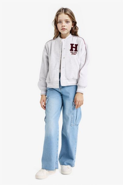 Girl College Collar Back Printed Bomber Jacket