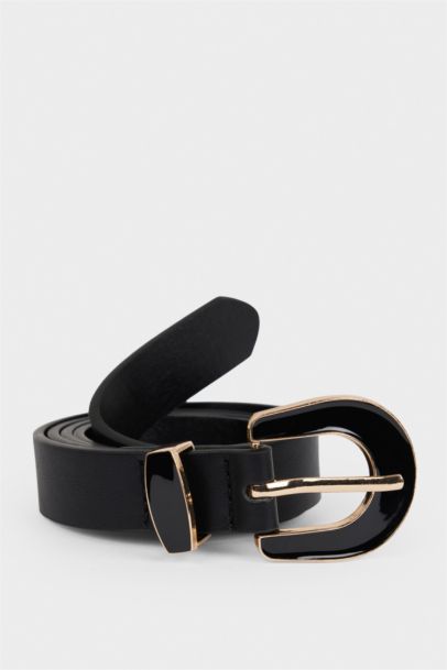Woman Big Clasp Faux Leather Belt