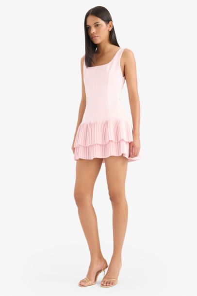 Kare Yaka Pileli Askılı Mini Yazlık Elbise