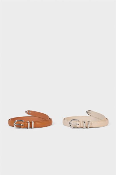 Woman 2 piece Oval Buckle Faux Leather Belt