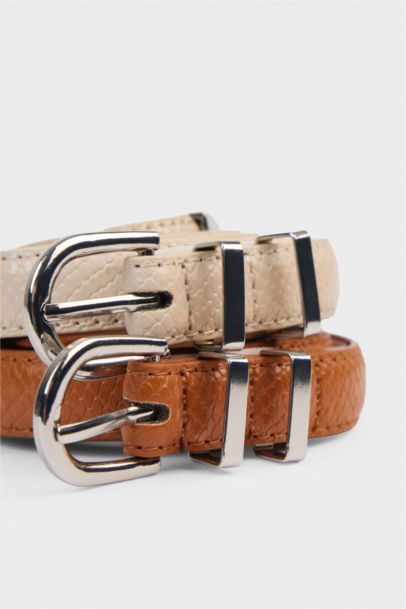 Woman 2 piece Oval Buckle Faux Leather Belt
