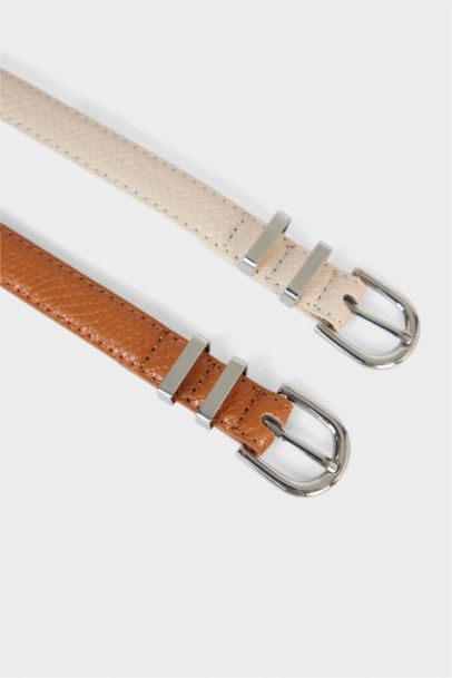 Woman 2 piece Oval Buckle Faux Leather Belt