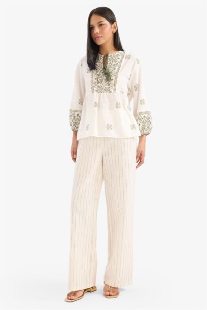 Regular Fit Çizgili Esnek Yüksek Belli Keten Karışımlı Palazzo Pantolon