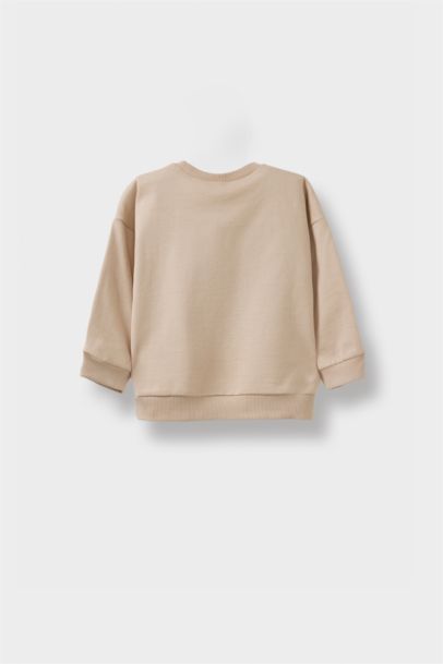 سويت شيرت ولادي بطبعة شعار قصة عادية ببطانة ناعمة - قطعتين