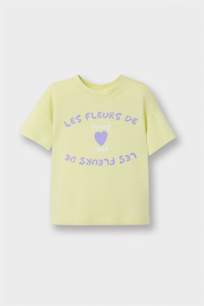 تيشيرت بناتي نص ردن بطبعة شعار قصة عادية بياخة مستديرة