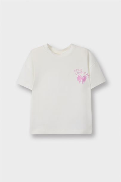 تيشيرت بيبي بناتي قصة عادية برقبة مستديرة بطبعة شعار