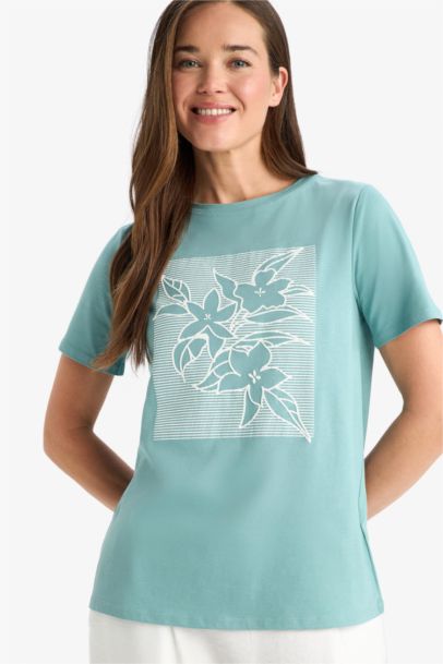 Regular Fit Crew Neck Ethnic Patterned Cotton T-Shirt