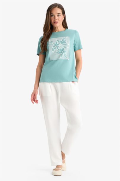 Regular Fit Crew Neck Ethnic Patterned Cotton T-Shirt