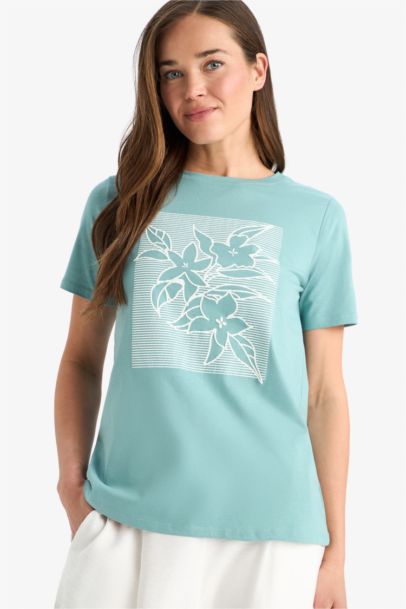 Regular Fit Crew Neck Ethnic Patterned Cotton T-Shirt