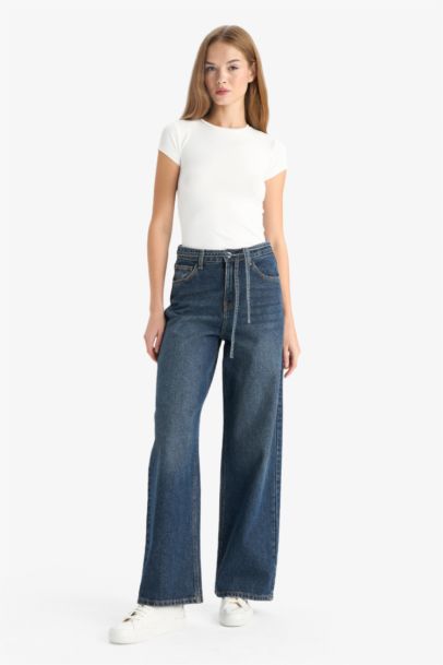 Wide Leg Regular Hem Denim Trousers
