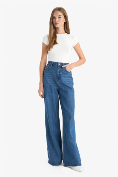 بنطرون جينز وايد ليج برجل واسع وخصر عالي