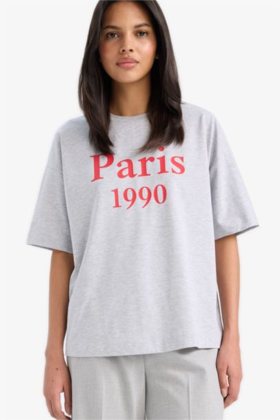 Oversize Fit Crew Neck Slogan Printed Cotton T-Shirt