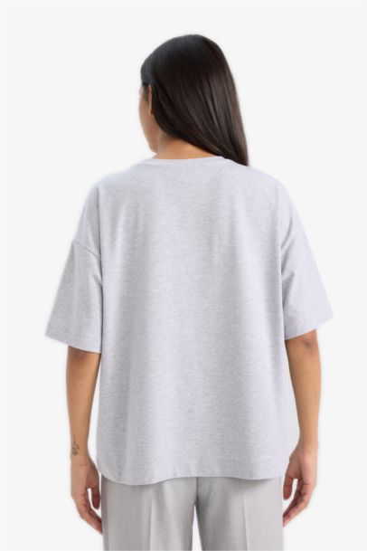 Oversize Fit Crew Neck Slogan Printed Cotton T-Shirt