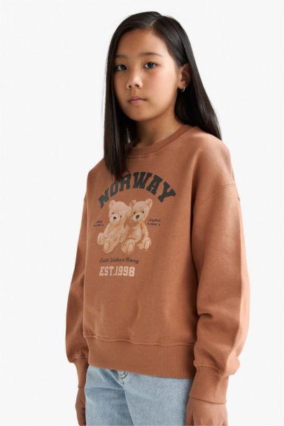 Relax Fit Bisiklet Yaka Baskılı İçi Yumuşak Tüylü Sweatshirt Kız Çocuk