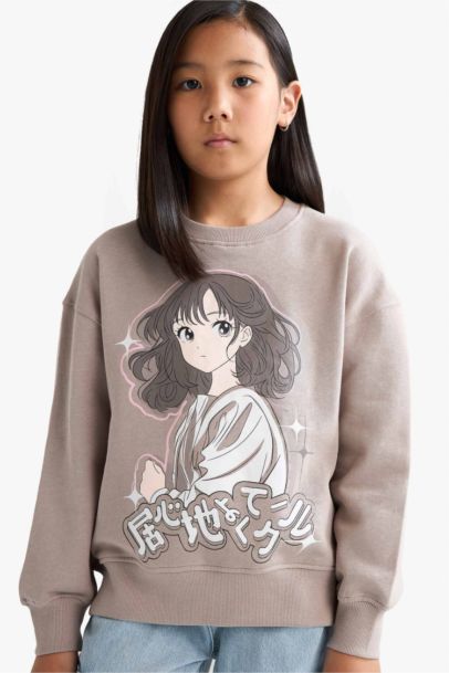 Девочка, расслабленный крой, аниме толстовка с круглым вырезом и мягким флисом внутри