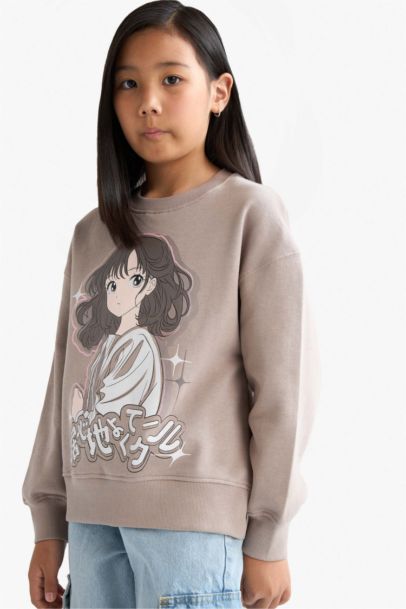 Девочка, расслабленный крой, аниме толстовка с круглым вырезом и мягким флисом внутри