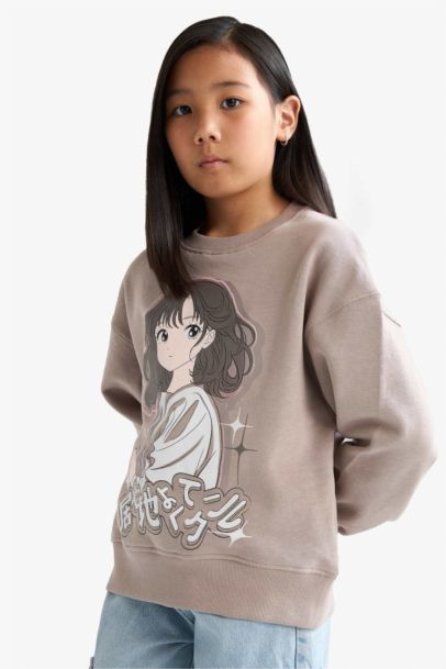 Девочка, расслабленный крой, аниме толстовка с круглым вырезом и мягким флисом внутри