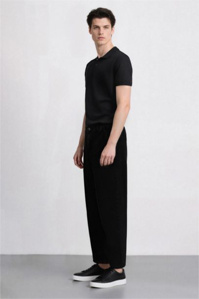 %100 Pamuk Skater Fit Geniş Kalıp Yüksek Bel Geniş Paça Siyah Jean Pantolon