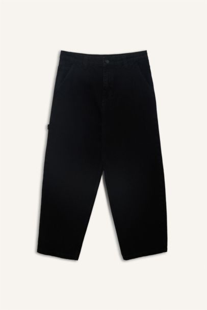 %100 Pamuk Skater Fit Geniş Kalıp Yüksek Bel Geniş Paça Siyah Jean Pantolon