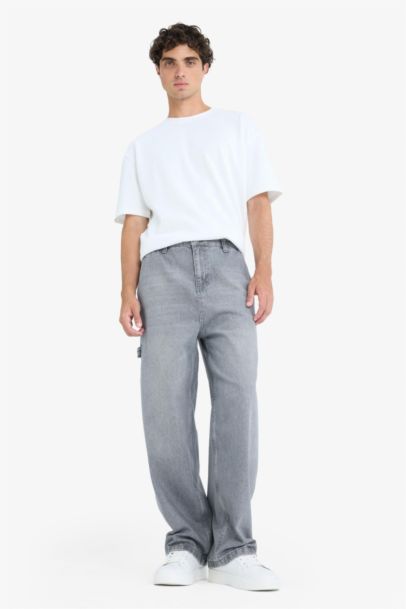 %100 Pamuk Skater Fit Geniş Kalıp Yüksek Bel Geniş Paça Jean Pantolon