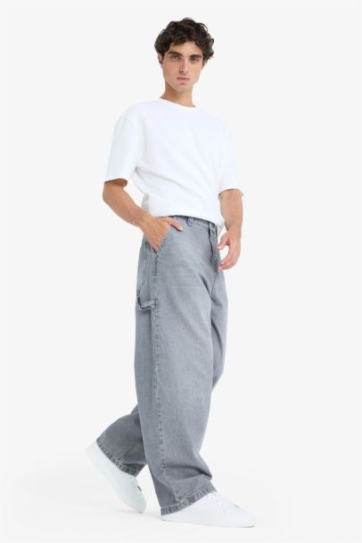 %100 Pamuk Skater Fit Geniş Kalıp Yüksek Bel Geniş Paça Jean Pantolon