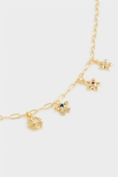 Reis x DeFacto 14 Ayar Altın Kaplama Fiora Chain Kadın Çiçekli ve Yıldızlı Gold Kolye