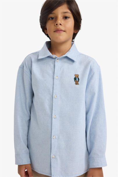 Oversize Geniş Kalıp Ayı Nakışlı Polo Yaka Flanel Uzun Kollu Gömlek Erkek Çocuk