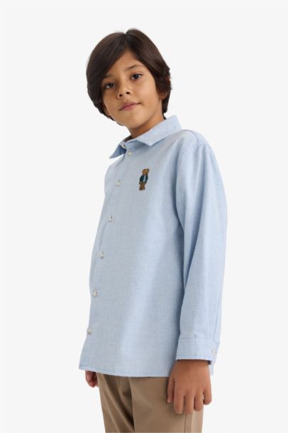 Oversize Geniş Kalıp Ayı Nakışlı Polo Yaka Flanel Uzun Kollu Gömlek Erkek Çocuk