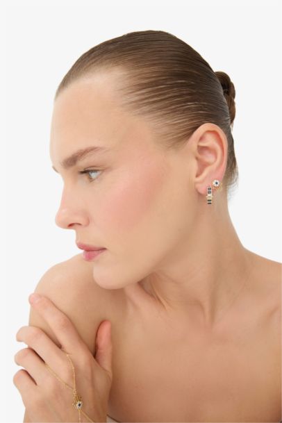 Reis x DeFacto 14 Ayar Altın Kaplama Zaffiro Twin Kadın 2'li Fatma Ana Eli ve Mavi Taşlı Gold Küpe