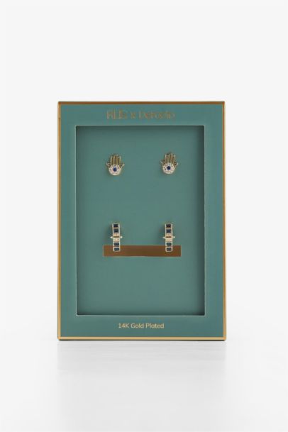 Reis x DeFacto 14 Ayar Altın Kaplama Zaffiro Twin Kadın 2'li Fatma Ana Eli ve Mavi Taşlı Gold Küpe