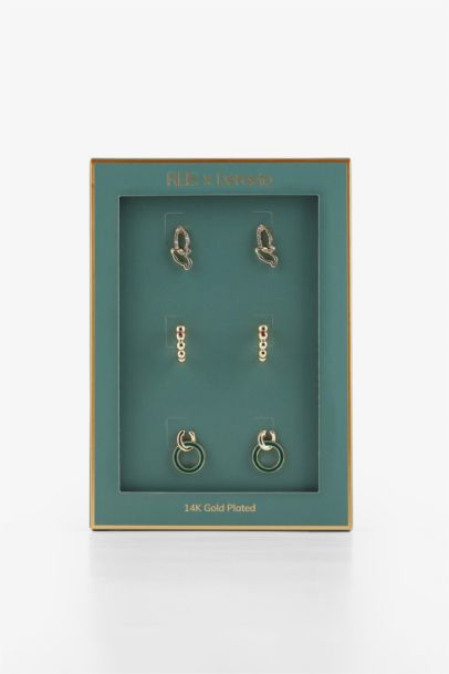 Reis x DeFacto 14K Gold Plated 3 Piece Gold Green Earrings