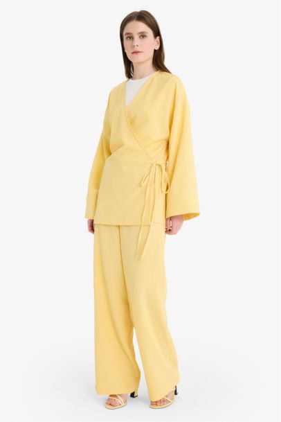 Relax Fit 2'li Takım Gofre Dokulu Uzun Kollu Kimono Pantolon