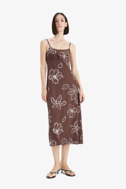Patterned Linen Blend Floral Strappy Midi Dress