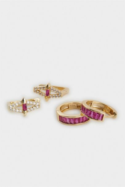 Reis x DeFacto Gold Plated Rosa Alba 2 Piece Purple Stone Gold Earrings