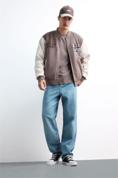 Oversize Fit College Collar Suede Bomber Jacket
