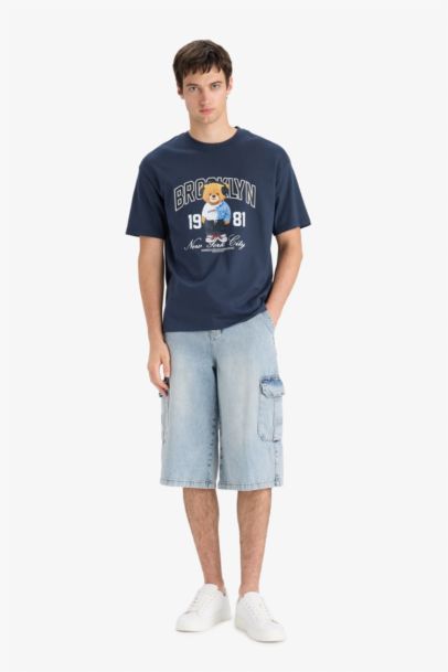 %100 Pamuk Boxy Fit Bisiklet Yaka Baskılı Kısa Kollu Tişört